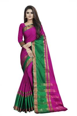 Pink plain cotton silk saree with blouse 1