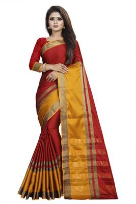 Red plain cotton silk saree with blouse 1