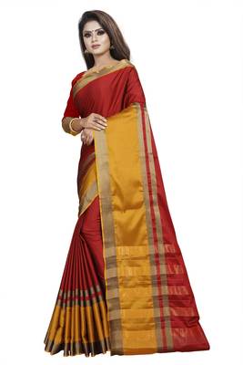 Red plain cotton silk saree with blouse 2