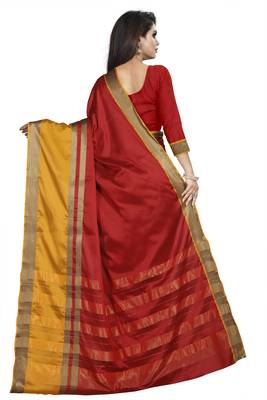 Red plain cotton silk saree with blouse 3