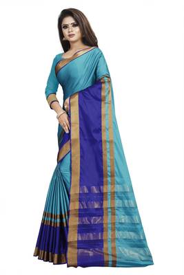 Sky blue plain cotton silk saree with blouse 2