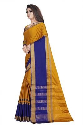 Mustard plain cotton silk saree with blouse 2
