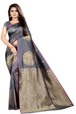 Grey printed cotton silk saree with blouse 1