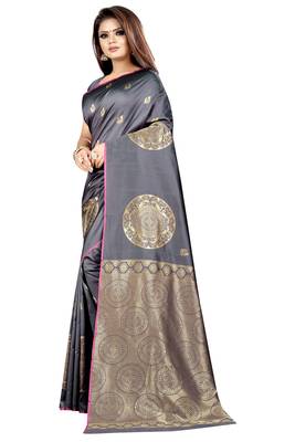 Grey printed cotton silk saree with blouse 2
