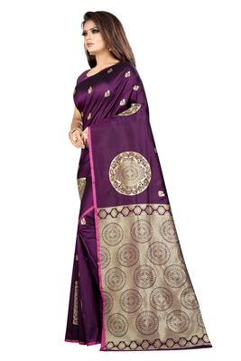 Purple printed cotton silk saree with blouse 2