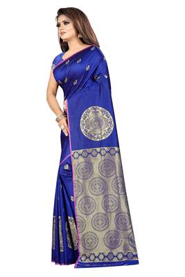 Blue printed cotton silk saree with blouse 1