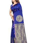 Blue printed cotton silk saree with blouse