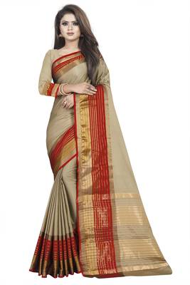 Beige plain cotton silk saree with blouse 1