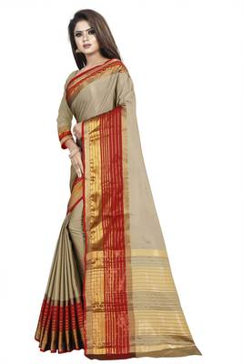 Beige plain cotton silk saree with blouse 2