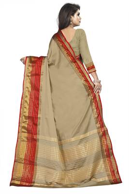 Beige plain cotton silk saree with blouse 3