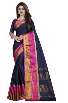 Blue plain cotton silk saree with blouse 1
