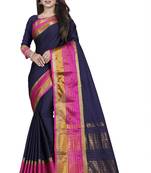 Blue plain cotton silk saree with blouse