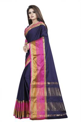 Blue plain cotton silk saree with blouse 2