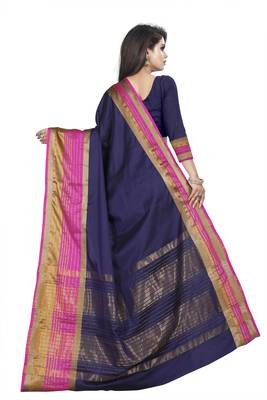 Blue plain cotton silk saree with blouse 3