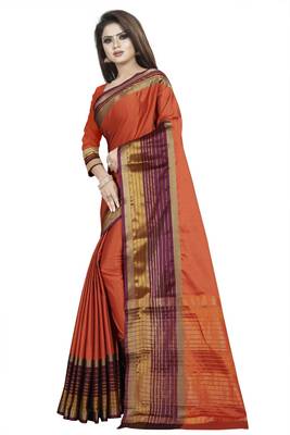 Brown plain cotton silk saree with blouse 3