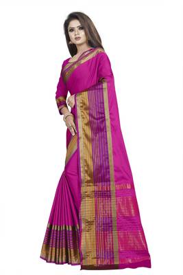 Pink plain cotton silk saree with blouse 1