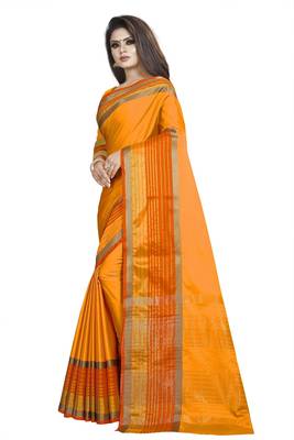 Yellow plain cotton silk saree with blouse 2
