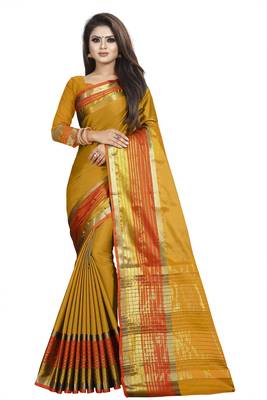 Mustard plain cotton silk saree with blouse 1