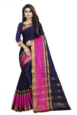 Blue plain cotton silk saree with blouse 1