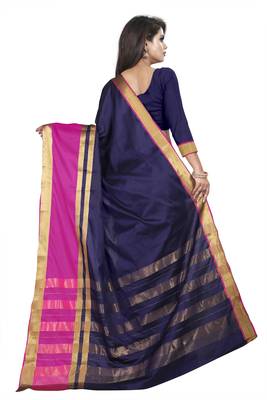 Blue plain cotton silk saree with blouse 3