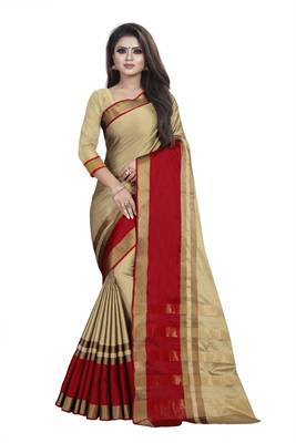 Beige plain cotton silk saree with blouse 1