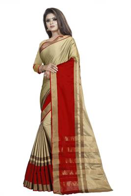 Beige plain cotton silk saree with blouse 2