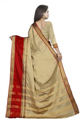 Beige plain cotton silk saree with blouse 3