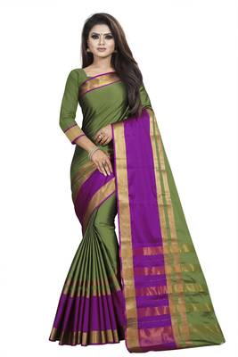 Green plain cotton silk saree with blouse 2
