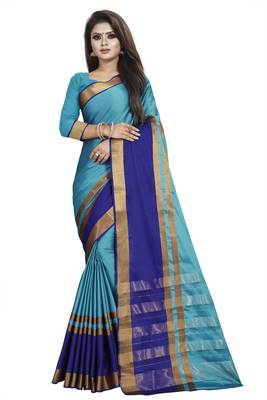 Sky blue plain cotton silk saree with blouse 1