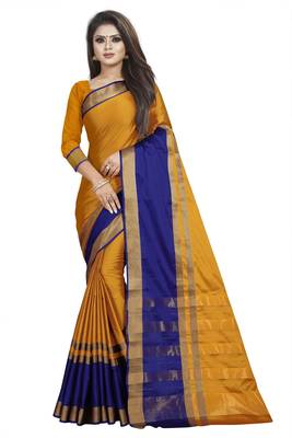 Mustard plain cotton silk saree with blouse 1
