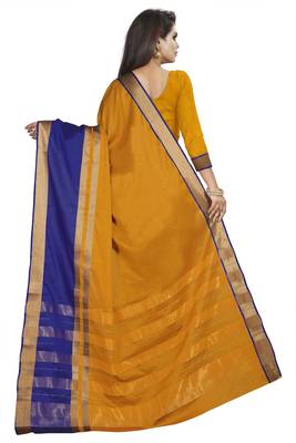 Mustard plain cotton silk saree with blouse 3