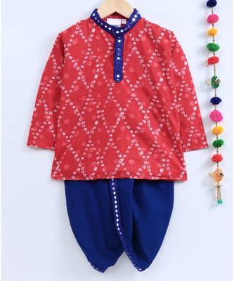 Red Kurta With Blue Dhoti And Mirror Lace 1