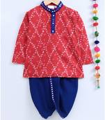Red Kurta With Blue Dhoti And Mirror Lace