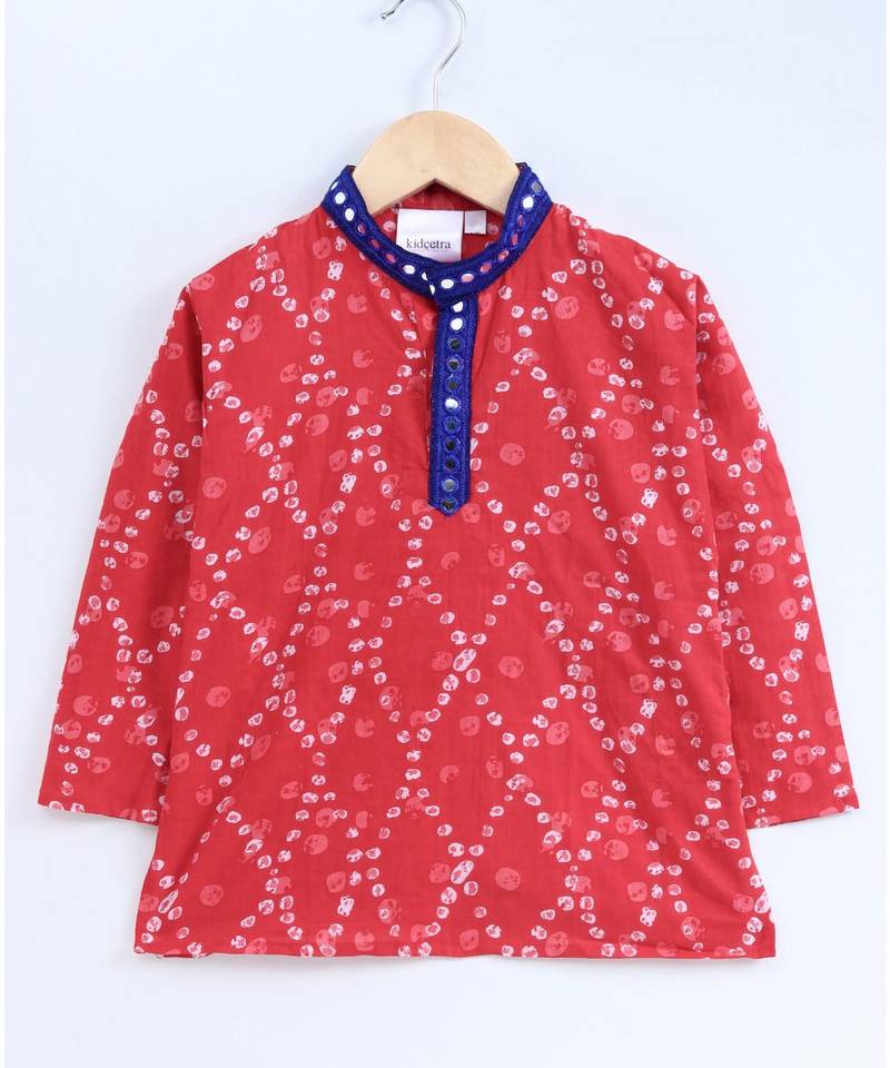 Red Kurta With Blue Dhoti And Mirror Lace