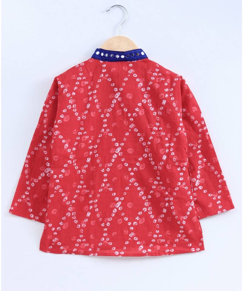 Red Kurta With Blue Dhoti And Mirror Lace