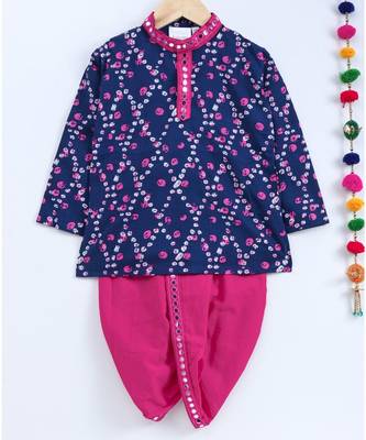 Blue Kurta And Pink Dhoti With Mirror Work Lace 1