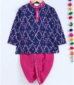 Blue Kurta And Pink Dhoti With Mirror Work Lace