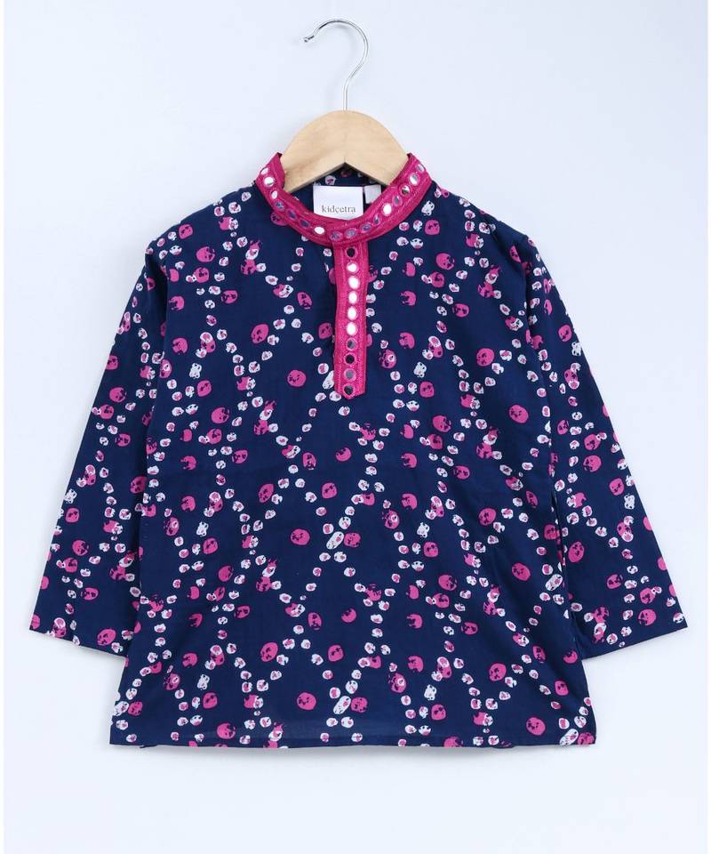 Blue Kurta And Pink Dhoti With Mirror Work Lace