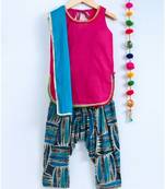 Blue Semi Patiala Salwar With Pink Top And Blue Contrast Dupatta