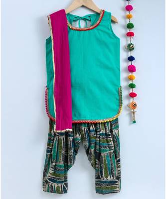 Green Semi Patiala Salwar With Green Top And Pink Dupatta 1