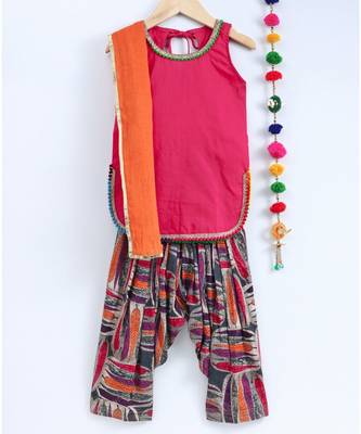 Orange And Pink Semi Patiala Salwar With Pink Top And Orange Dupatta 1
