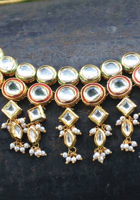 Gold Plated Kundan Shell Pearls Long Necklace 2