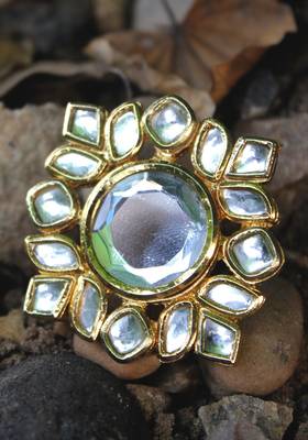 Gold Plated Kundan Mirror Work Ring 1