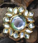 Gold Plated Kundan Mirror Work Ring