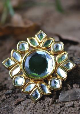Gold Plated Kundan Mirror Work Ring 2