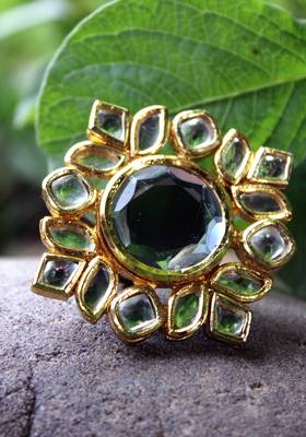 Gold Plated Kundan Mirror Work Ring 3
