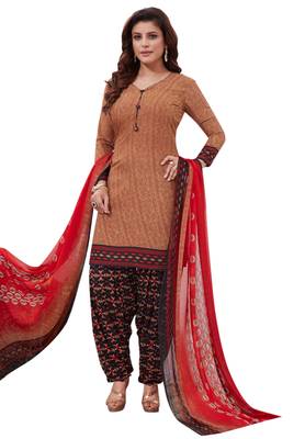 Brown Printed Crepe Unstitched Sawlar With Dupatta 1