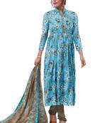 Blue Printed Crepe Unstitched Sawlar With Dupatta