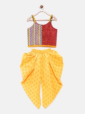 Red printed cotton top with dhoti for girls 1