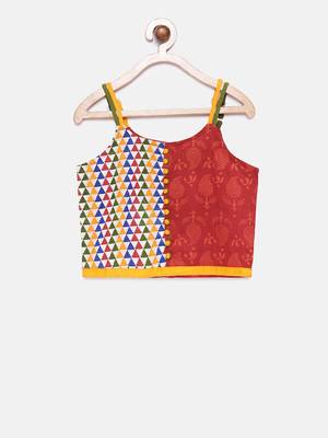 Red printed cotton top with dhoti for girls 2